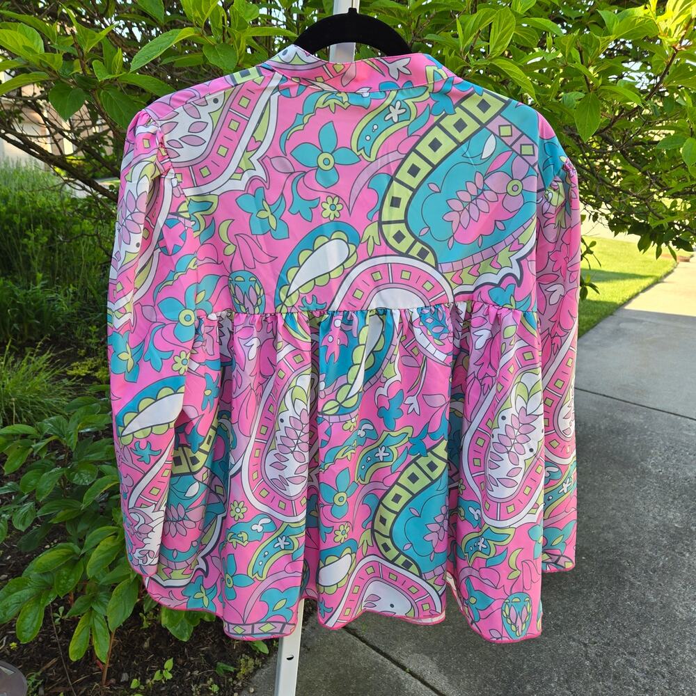 NWT Groovy Pink Green Multicolor Paisley Boho Top Festival Bell Sleeve size XL - Picture 9 of 10